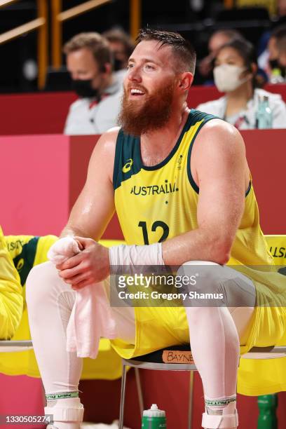 Aron Baynes of Team Australia cheers on his teammates from the bench during the first half of their game against Nigeria on day two of the Tokyo 2020...