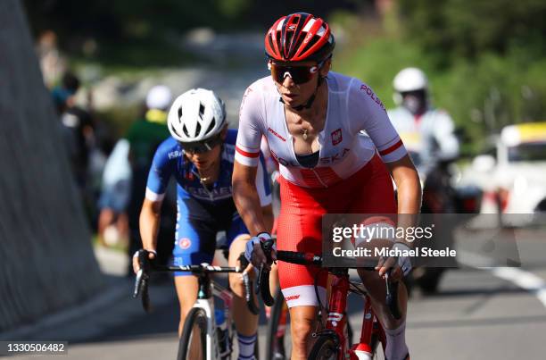 Anna Plichta of Team Poland in the breakaway during the Women's road race on day two of the Tokyo 2020 Olympic Games at Fuji International Speedway...