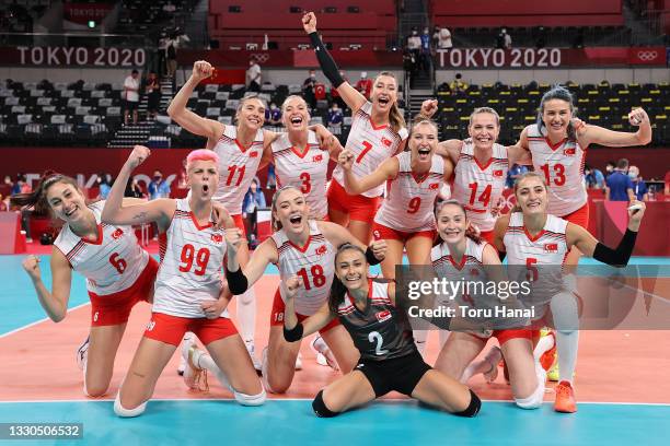 Team Turkey celebrates after defeating Team China during the Women's Preliminary - Pool B on day two of the Tokyo 2020 Olympic Games at Ariake Arena...