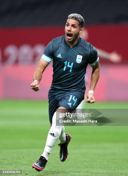 Facundo Medina of Team Argentina celebrates after scoring their side's first goal during the Men's First Round Group C match between Egypt and...