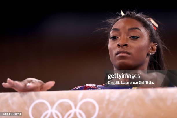 Simone Biles of Team United States competes on balance beam during Women's Qualification on day two of the Tokyo 2020 Olympic Games at Ariake...