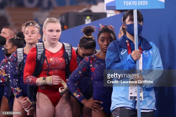 Team United States waits to compete during Women's Qualification on day two of the Tokyo 2020 Olympic Games at Ariake Gymnastics Centre on July 25,...