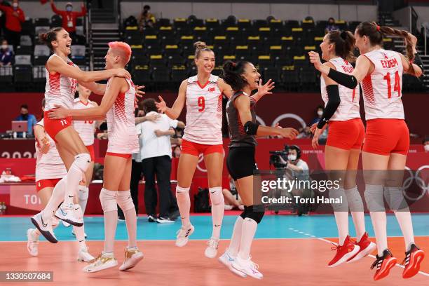 Team Turkey celebrates after defeating Team China during the Women's Preliminary - Pool B on day two of the Tokyo 2020 Olympic Games at Ariake Arena...