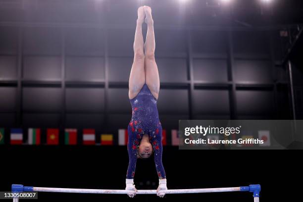 Sunisa Lee of Team United States competes on uneven bars during Women's Qualification on day two of the Tokyo 2020 Olympic Games at Ariake Gymnastics...