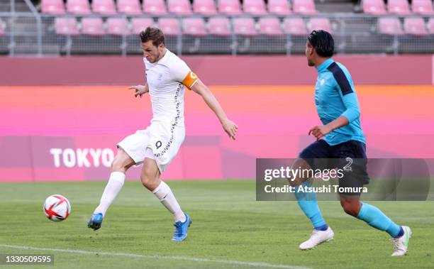 Chris Wood of Team New Zealand scores their side's second goal during the Men's First Round Group B match between New Zealand and Honduras on day two...