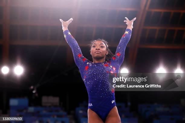 Simone Biles of Team United States competes on vault during Women's Qualification on day two of the Tokyo 2020 Olympic Games at Ariake Gymnastics...
