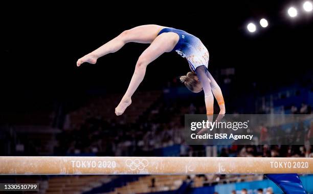 Sanne Wevers of Team Netherlands competing on Women's Qualification - Subdivision 3 during the Tokyo 2020 Olympic Games at the Ariake Gymnastics...