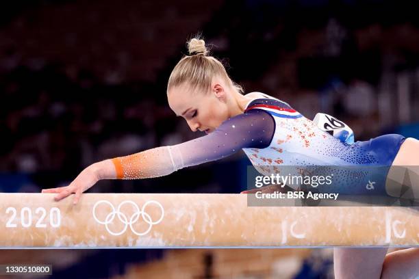 Sanne Wevers of Team Netherlands competing on Women's Qualification - Subdivision 3 during the Tokyo 2020 Olympic Games at the Ariake Gymnastics...