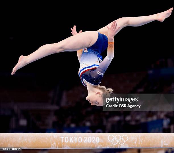 Sanne Wevers of Team Netherlands competing on Women's Qualification - Subdivision 3 during the Tokyo 2020 Olympic Games at the Ariake Gymnastics...