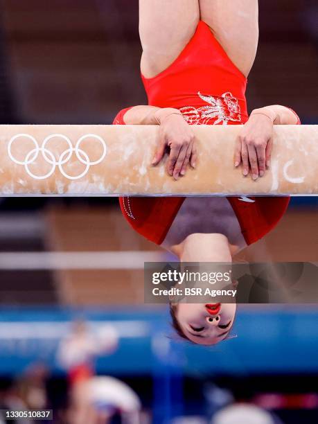 Jin Zhang of Team China competing on beam during the Tokyo 2020 Olympic Games at the Ariake Gymnastics Centre on July 25, 2021 in Tokyo, Japan