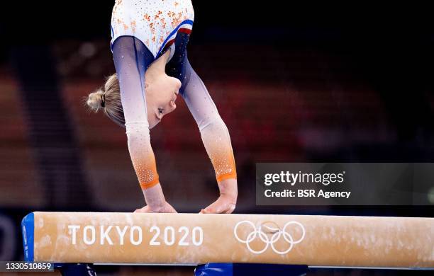 Sanne Wevers of Team Netherlands competing on Women's Qualification - Subdivision 3 during the Tokyo 2020 Olympic Games at the Ariake Gymnastics...