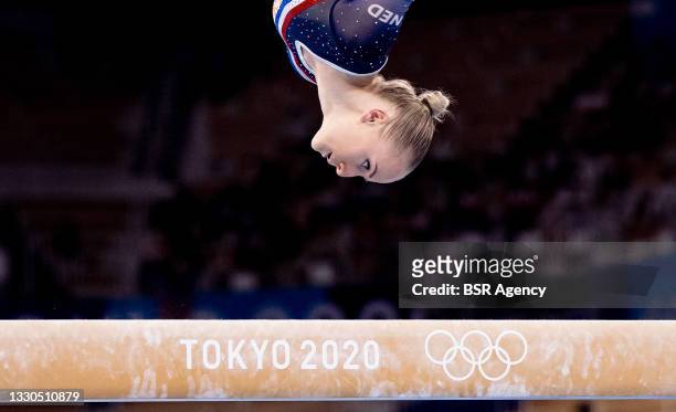 Sanne Wevers of Team Netherlands competing on Women's Qualification - Subdivision 3 during the Tokyo 2020 Olympic Games at the Ariake Gymnastics...