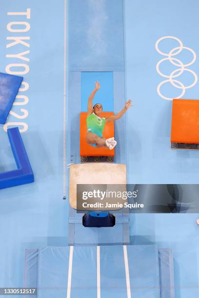 Oksana Chusovitina of Team Uzbekistan competes on vault during Women's Qualification on day two of the Tokyo 2020 Olympic Games at Ariake Gymnastics...