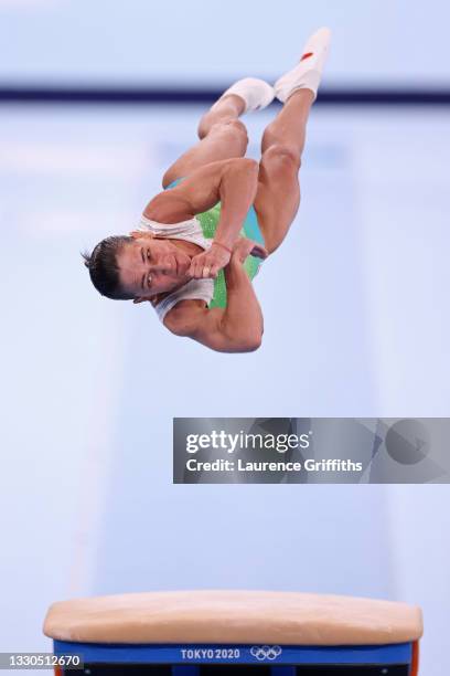 Oksana Chusovitina of Team Uzbekistan competes on vault during Women's Qualification on day two of the Tokyo 2020 Olympic Games at Ariake Gymnastics...