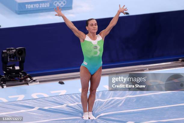 Oksana Chusovitina of Team Uzbekistan competes on vault during Women's Qualification on day two of the Tokyo 2020 Olympic Games at Ariake Gymnastics...