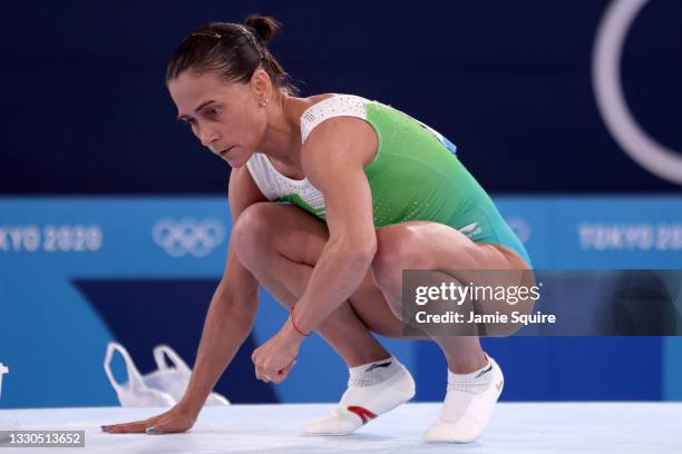 Oksana Chusovitina of Team Uzbekistan prepares to compete on vault during Women's Qualification on day two of the Tokyo 2020 Olympic Games at Ariake...