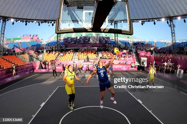 Kelsey Plum of Team United States drives to the basket during the Women's Pool Round match between Romania and United States on day two of the Tokyo...