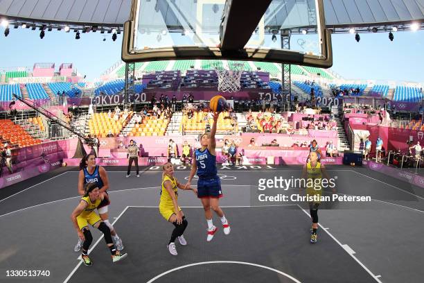 Kelsey Plum of Team United States drives to the basket during the Women's Pool Round match between Romania and United States on day two of the Tokyo...