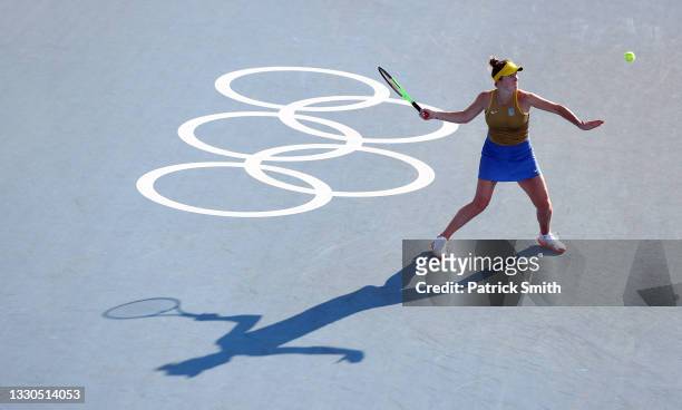 Elina Svitolina of Team Ukraine plays a forehand during her Women's Singles First Round match against Laura Siegemund of Team Germany on day two of...
