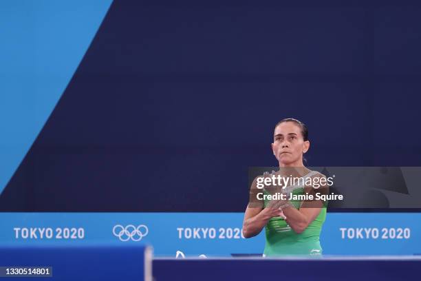 Oksana Chusovitina of Team Uzbekistan prepares to compete on vault during Women's Qualification on day two of the Tokyo 2020 Olympic Games at Ariake...