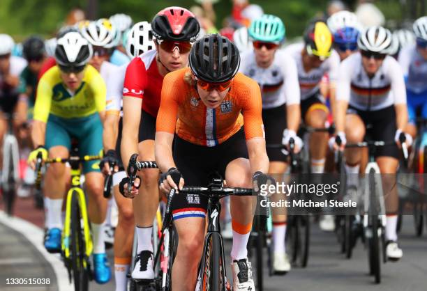 Anna van der Breggen of Team Netherlands leads the peloton during the Women's road race on day two of the Tokyo 2020 Olympic Games at Fuji...