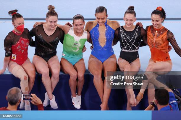 Roxana Popa of Team Spain, Giulia Steingruber of Team Switzerland, Oksana Chusovitina of Team Uzbekistan, Luciana Alvarado of Team Costa Rica, Lihie...