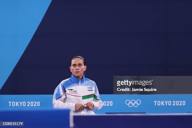 Oksana Chusovitina of Team Uzbekistan looks on after competing on vault during Women's Qualification on day two of the Tokyo 2020 Olympic Games at...