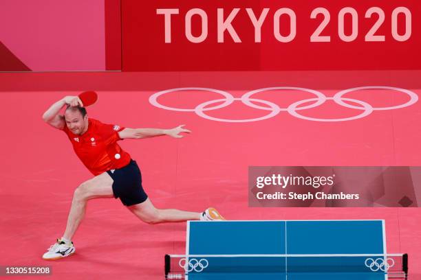 Paul Drinkhall of Team Great Britain in action during his during his Men's Singles Round 2 match on day two of the Tokyo 2020 Olympic Games at Tokyo...
