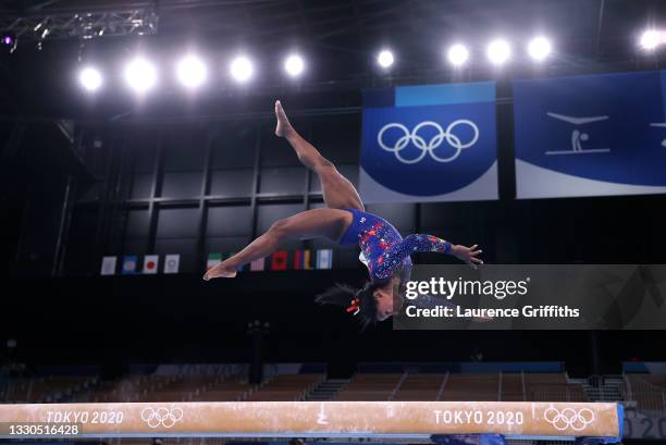 Simone Biles of Team United States competes on balance beam on day two of the Tokyo 2020 Olympic Games at Ariake Gymnastics Centre on July 25, 2021...