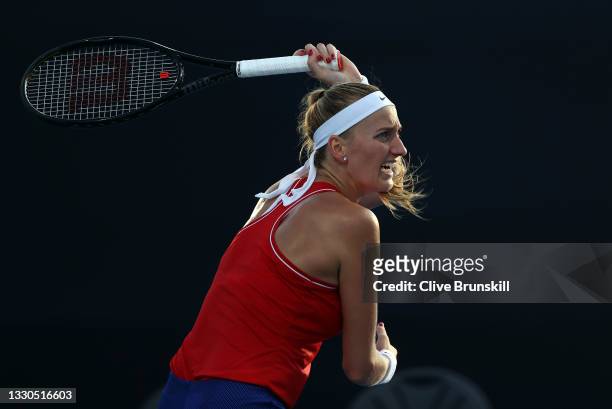 Petra Kvitova of Team Czech Republic plays a forehand during her Women's Singles First Round match against Jasmine Paolini of Team Italy on day two...
