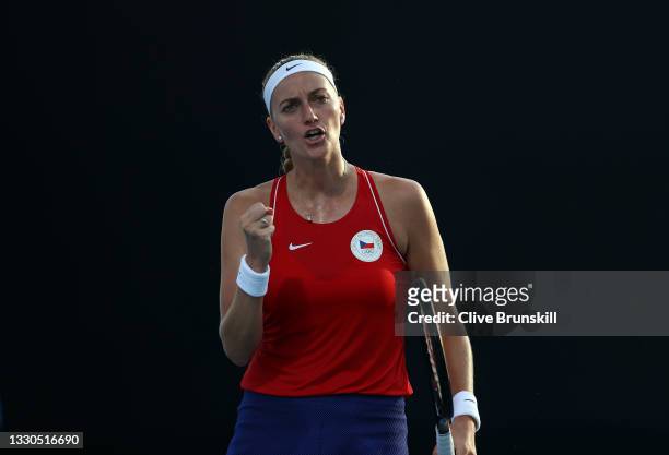 Petra Kvitova of Team Czech Republic celebrates after a point during her Women's Singles First Round match against Jasmine Paolini of Team Italy on...