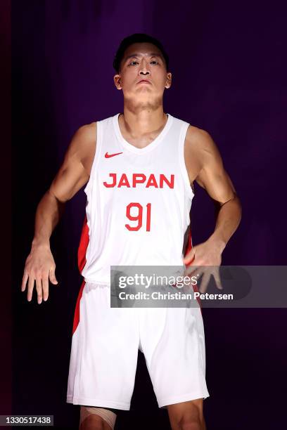 Tomoya Ochiai of Team Japan prepares to take to the court during the Men's Pool Round match between Japan and Netherlands on day two of the Tokyo...