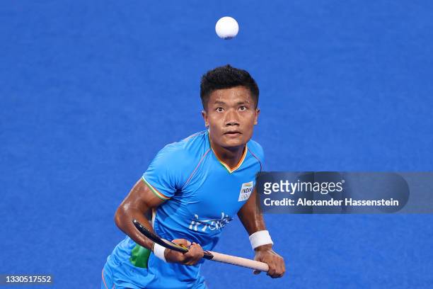 Nilakanta Sharma of Team India watches the ball during the Men's Preliminary Pool A match between India and Australia on day two of the Tokyo 2020...