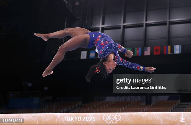 Simone Biles of Team United States competes on balance beam on day two of the Tokyo 2020 Olympic Games at Ariake Gymnastics Centre on July 25, 2021...