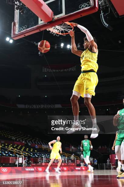 Matisse Thybulle of Team Australia dunks against Team Nigeria in the first half of the Men's Preliminary Round Group B game on day two of the Tokyo...