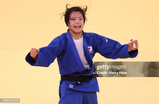 Uta Abe of Team Japan reacts after she defeated Amandine Buchard of Team France during the Women’s Judo 52kg Final on day two of the Tokyo 2020...