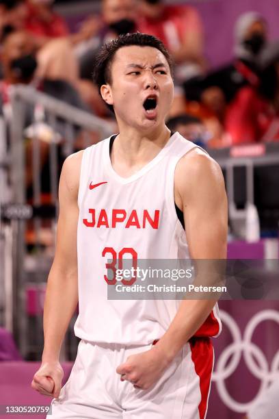 Keisei Tominaga of Team Japan celebrates a basket during the Men's Pool Round match between Japan and Netherlands on day two of the Tokyo 2020...