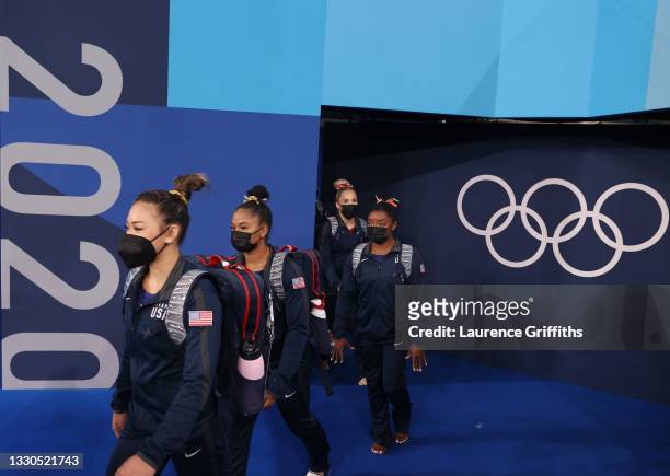 Team USA enter the arena wearing face masks on day two of the Tokyo 2020 Olympic Games at Ariake Gymnastics Centre on July 25, 2021 in Tokyo, Japan.