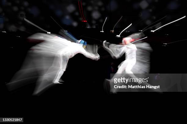 Igor Reizlin of Team Ukraine competes against Romain Cannone of Team France in the Men's Épée Individual Fencing semifinal 2 on day two of the Tokyo...