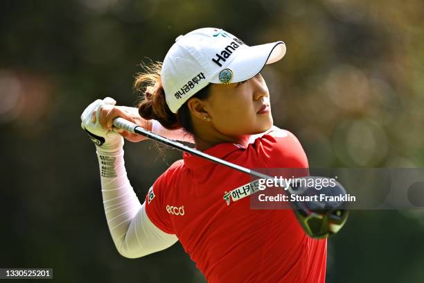 Minjee Lee of Australia plays her shot on the fourth tee during day four of the The Amundi Evian Championship at Evian Resort Golf Club on July 25,...