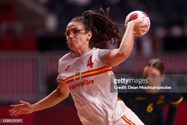 Carmen Dolores Martin Berenguer of Team Spain shoots and scores a goal during the Women's Preliminary Round Group B match between Spain and Sweden on...
