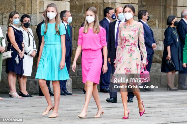 Spanish Royal Family Princess Sofia, Crown Princess Leonor and Queen Letizia are seen during at the national offering to the apostle Santiago on...