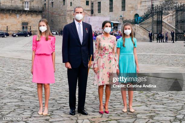 Spanish Royal Family members , Crown Princess Leonor, King Felipe VI, Queen Letizia and Princess Sofia pose at the national offering to the apostle...