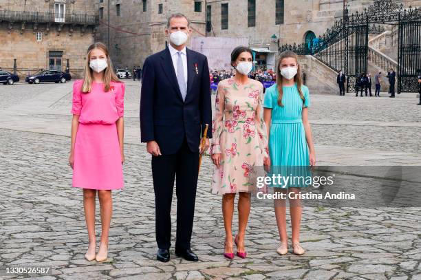 Spanish Royal Family members , Crown Princess Leonor, King Felipe VI, Queen Letizia and Princess Sofia pose at the national offering to the apostle...