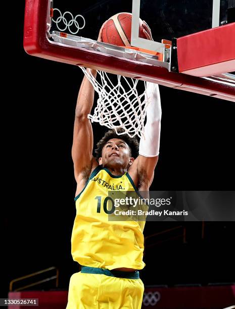 Matisse Thybulle of Australia slam dunks during the preliminary rounds of the Men's Basketball match between Australia and Nigeria on day two of the...