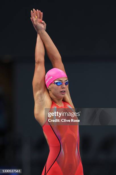 Yuliya Efimova of Team ROC competes in heat four of the Women's 100m Breaststroke on day two of the Tokyo 2020 Olympic Games at Tokyo Aquatics Centre...