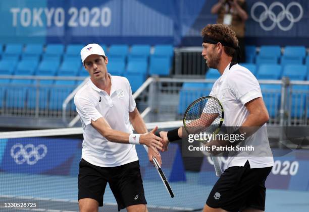 Michael Venus of Team New Zealand and Marcus Daniell of Team New Zealand during their Men's Doubles First Round match against Egor Gerasimov of Team...