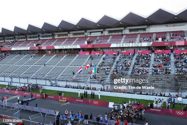 General view of Silver medalist Annemiek van Vleuten of Team Netherlands, gold medalist Anna Kiesenhofer of Team Austria, and bronze medalist Elisa...