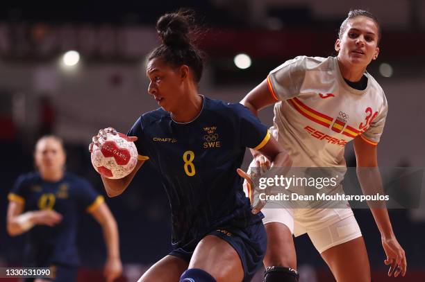 Jamina Roberts of Team Sweden in action during the Women's Preliminary Round Group B match between Spain and Sweden on day two of the Tokyo 2020...