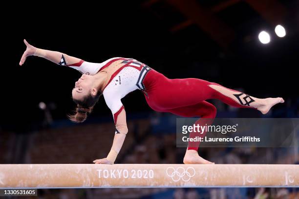 Pauline Schaefer-Betz of Team Germany competes on balance beam during Women's Qualification on day two of the Tokyo 2020 Olympic Games at Ariake...